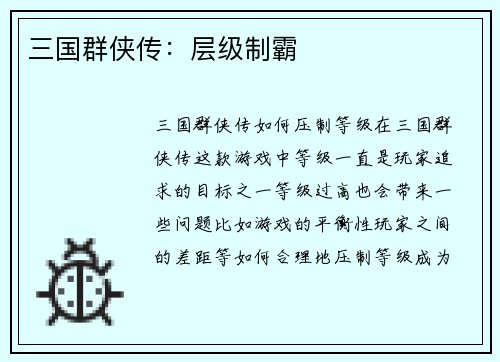 三国群侠传：层级制霸