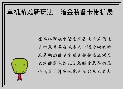 单机游戏新玩法：暗金装备卡带扩展