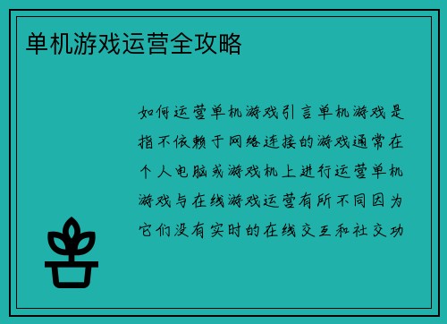 单机游戏运营全攻略