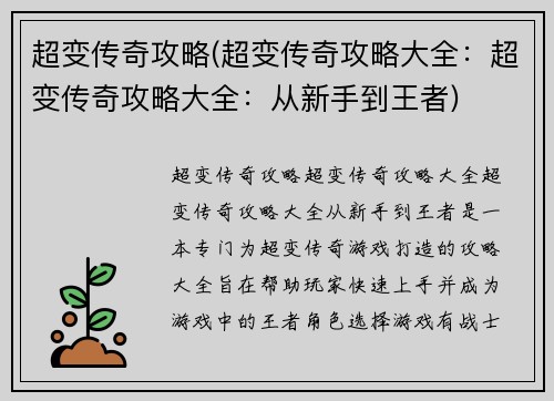 超变传奇攻略(超变传奇攻略大全：超变传奇攻略大全：从新手到王者)